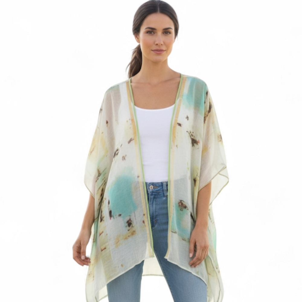 Soft Surroundings Watercolor Print Linen Kimono Cardigan